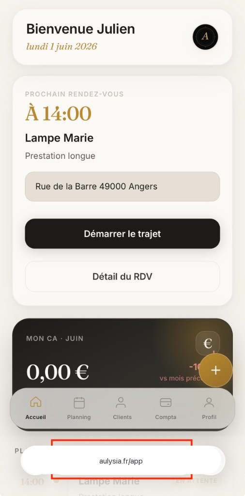 Safari ouvert sur Aulysia avec aulysia.fr/app
