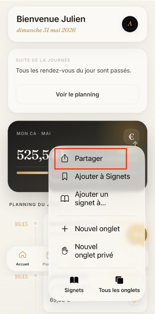 Menu Safari — touche Partager
