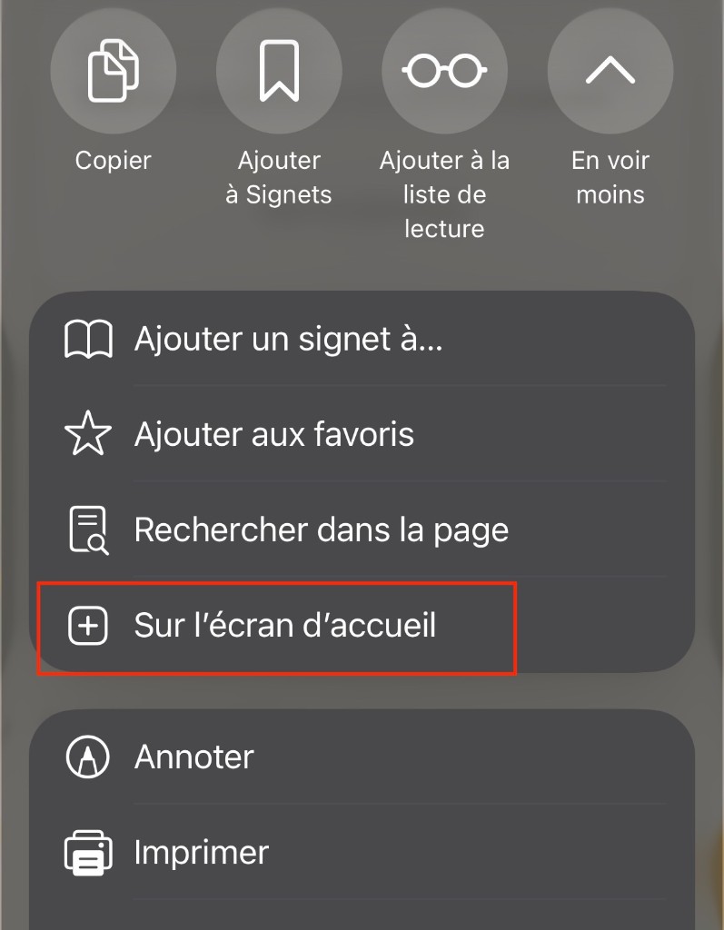 Menu Partager avec Sur l'écran d'accueil