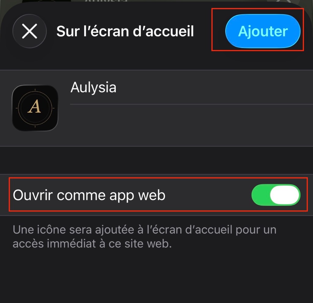 Sur l'écran d'accueil — Ouvrir comme app web